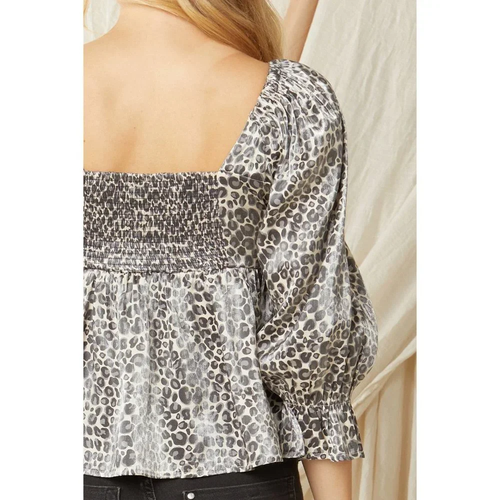 Entro Leopard Iridescent Babydoll Top, Sand - Picture 6 of 6